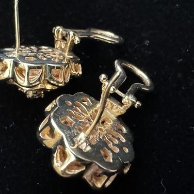 14K Gold Baguette & Round Diamond Earrings - Heavy