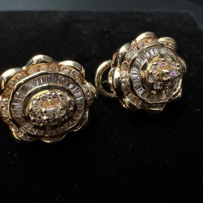 14K Gold Baguette & Round Diamond Earrings - Heavy