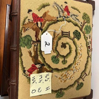 antique needle point seat hunt scene cane cut stool