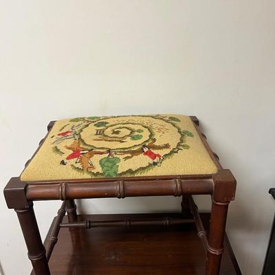 antique needle point seat hunt scene cane cut stool