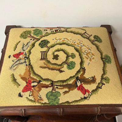antique needle point seat hunt scene cane cut stool