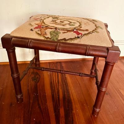 antique needle point seat hunt scene cane cut stool