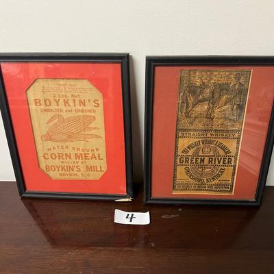 Boykin SC Corn Meal &!Green River Whiskey vintage framed advertising pair