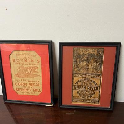 Boykin SC Corn Meal &!Green River Whiskey vintage framed advertising pair