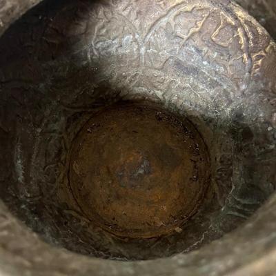 Antique vintage Persian etched Mameluke style brass vessel