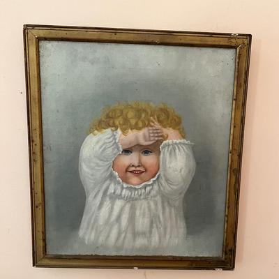 antique folk art female child painting