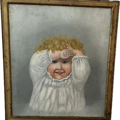 antique folk art female child painting