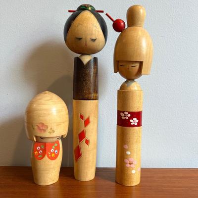 3 MCM Vintage Wooden Geisha Dolls Figurines