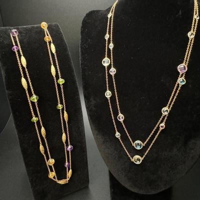 Two 14K Gold Necklaces with Multi Colored Gemstones