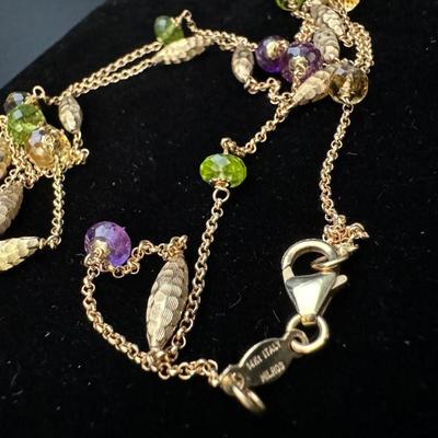 Two 14K Gold Necklaces with Multi Colored Gemstones