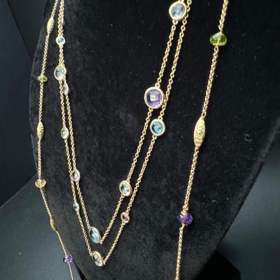 Two 14K Gold Necklaces with Multi Colored Gemstones