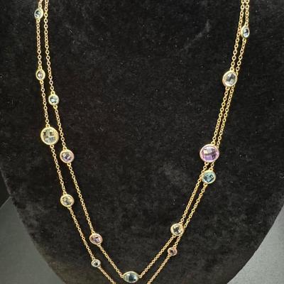 Two 14K Gold Necklaces with Multi Colored Gemstones