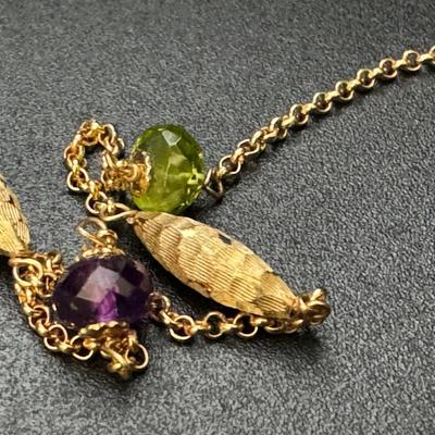 Two 14K Gold Necklaces with Multi Colored Gemstones