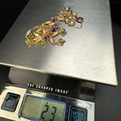 Two 14K Gold Necklaces with Multi Colored Gemstones