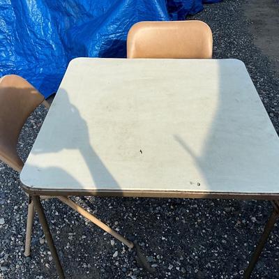 Lot# 203 Vintage Folding Card table & Two Vintage Folding Metal Chairs