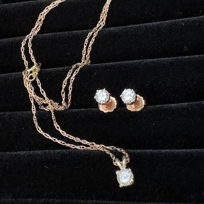 14K Gold Diamond Necklace & Diamond Stud Earrings