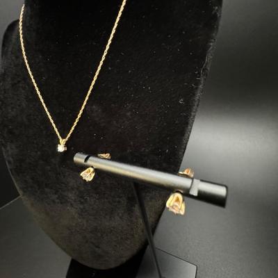 14K Gold Diamond Necklace & Diamond Stud Earrings