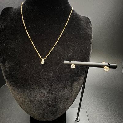 14K Gold Diamond Necklace & Diamond Stud Earrings