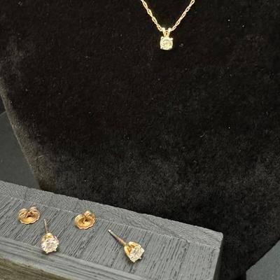 14K Gold Diamond Necklace & Diamond Stud Earrings