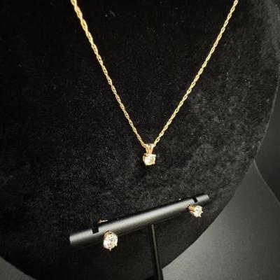 14K Gold Diamond Necklace & Diamond Stud Earrings