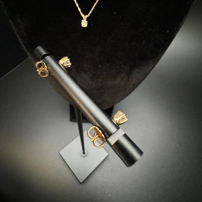 14K Gold Diamond Necklace & Diamond Stud Earrings