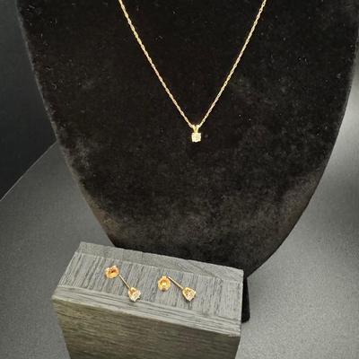 14K Gold Diamond Necklace & Diamond Stud Earrings
