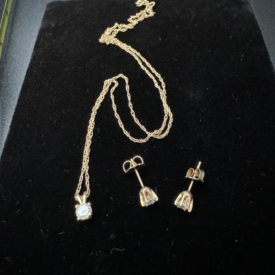 14K Gold Diamond Necklace & Diamond Stud Earrings