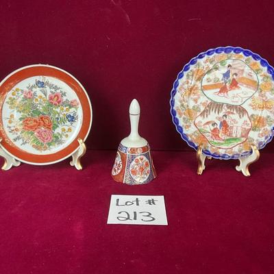 Lot# 213 Vintage Japanese Style Small Porcelain Bell & Two Plates