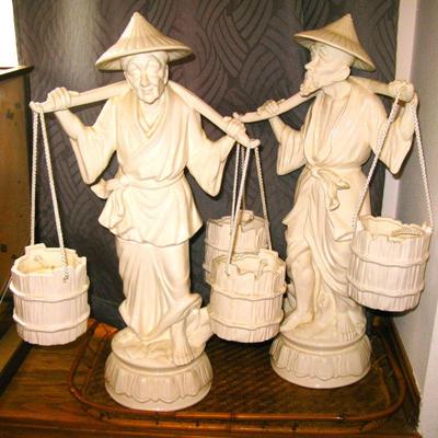Vintage Asian Porcelain Man Carrying Water Buckets 20 inches Tall