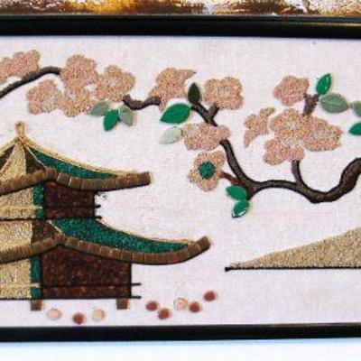 Vintage Pebble Art, Buddhist Pagoda Cherry Blossom