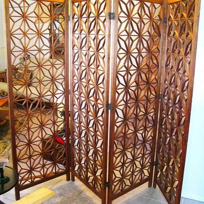 Mid-Century Modern Geometric Wood 4 Panel Screen or Divider
