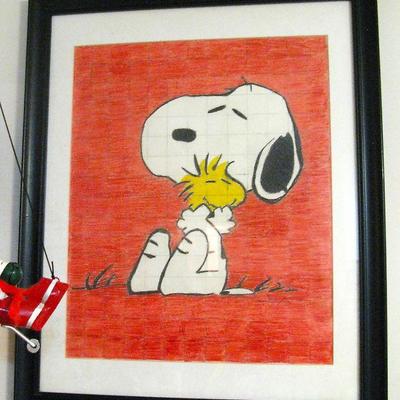 Large Framed Snoopy Cuddling Woodstock