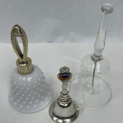 Bell Lot: Silvertone Metal Souvenir Bell, Princess House Crystal Bell, and Milk-glass bell shaped bottle