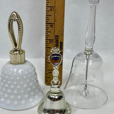 Bell Lot: Silvertone Metal Souvenir Bell, Princess House Crystal Bell, and Milk-glass bell shaped bottle