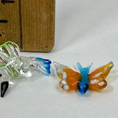 Miniature figurines - Ceramic Pagoda, blown Glass Hummingbird & Butterfly