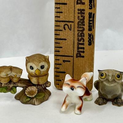 Lot of 4 mini miniature figurines - Owls,& Fox,