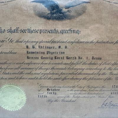 Service of Examining Physician B.B. Ehlinger Certificate, 1940