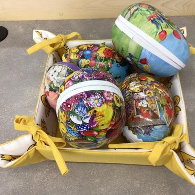 Paper Mache Large Eggs in Chick Square Bowl.