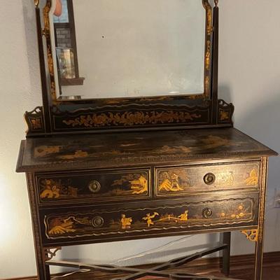 Antique oriental dresser hand painted in gold and black lacquer