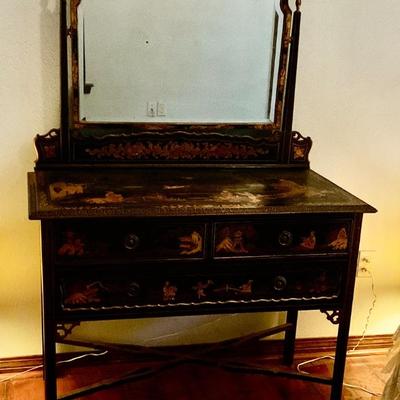 Antique oriental dresser hand painted in gold and black lacquer