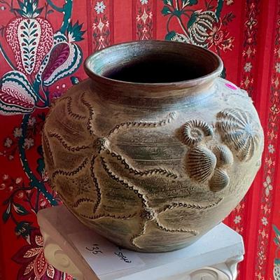 Terra cotta flower pot with under sea motifs octopus and seashells