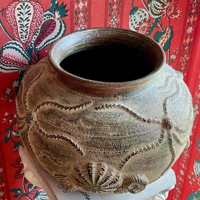 Terra cotta flower pot with under sea motifs octopus and seashells
