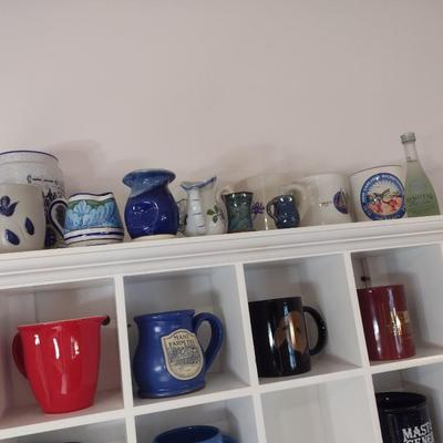 Large Assortment of Pottery and Ceramic Mugs and Small Vases includes Williamsburg Pottery (No Shelf)
