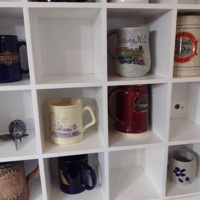 Large Assortment of Pottery and Ceramic Mugs and Small Vases includes Williamsburg Pottery (No Shelf)