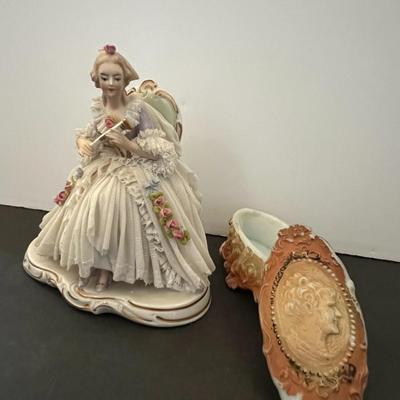 German Porcelain Lace Figurine & Cameo Trinket Dish