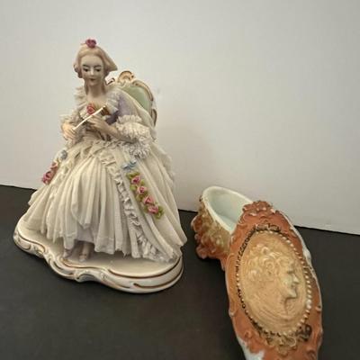 German Porcelain Lace Figurine & Cameo Trinket Dish