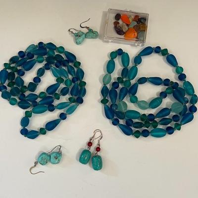 Vintage Glass Bead Rope Necklaces and Stone Earrings