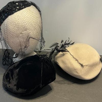 1940's Trio - Vintage Belvedere Wool Hat, Sequin Cocktail Hat, and Velvet Hat
