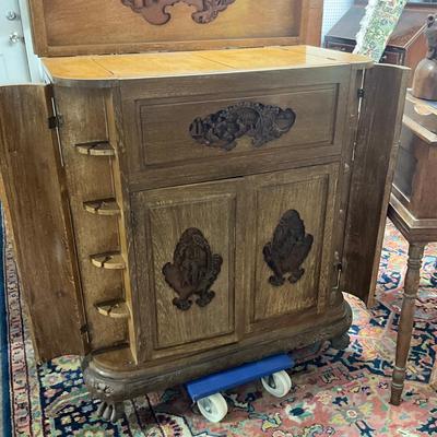 1425 Vintage Handcarved Mahogany Asian Bar Cabinet