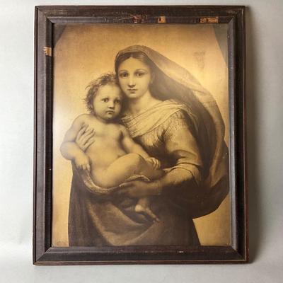 1430 After Raffaello Sanzio "THe Sistine Madonna" Print in Mahogany Veneered Wood Frame